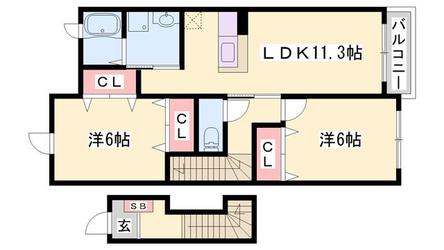 ヴェルサン・アベニュII(2LDK/2階)の間取り写真