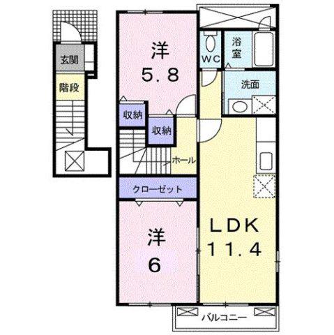 ウッズ パディ ハイツ(2LDK/2階)の間取り写真