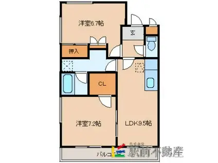 ヴィラージュ橘C棟(2LDK/1階)の間取り写真