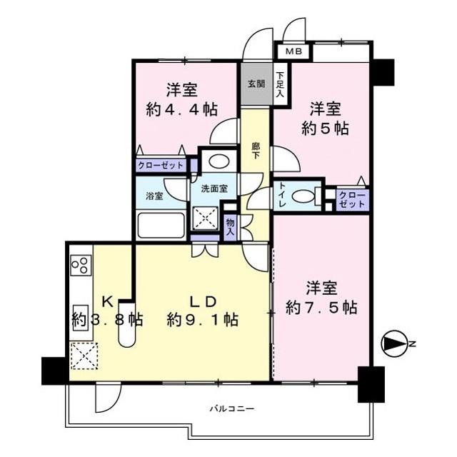 ボヌール八王子(3LDK/5階)の間取り写真