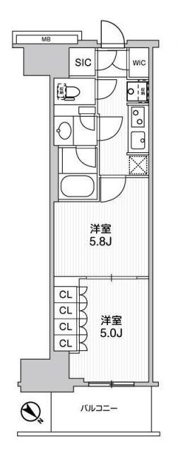 WORVE横浜伊勢佐木町(2K/8階)の間取り写真