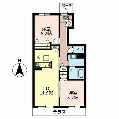 シャンティ夢前B(2LDK/1階)の間取り写真