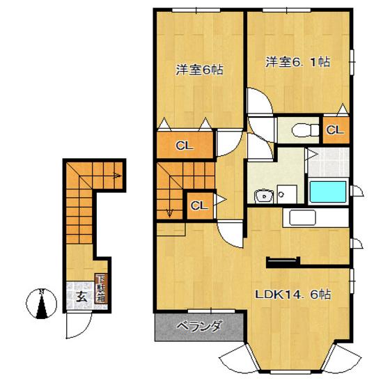 グランデヒサノB(2LDK/2階)の間取り写真
