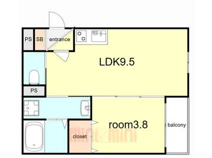 LIX 神戸湊川(1LDK/2階)の間取り写真