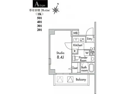 プライムアーバン南烏山(1K/2階)の間取り写真