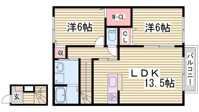 フレッツァ神戸山田B棟(2LDK/2階)の間取り写真