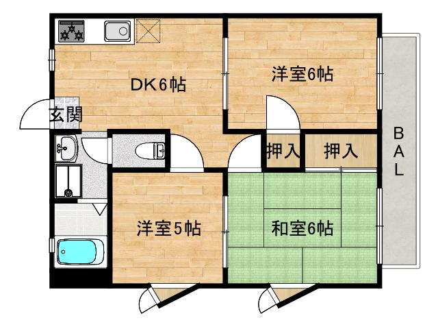 ヒカハイム宝ヶ池 B(3DK/2階)の間取り写真