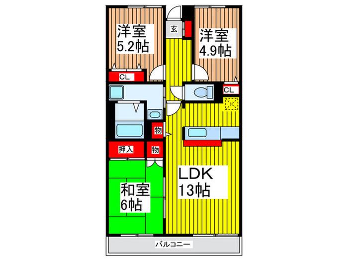 与野本町ハイツ(3LDK/6階)の間取り写真