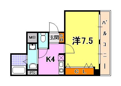 ヒルズコート北野坂(1K/4階)の間取り写真
