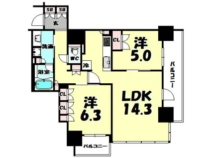 ブランズタワー・ウェリス心斎橋ノース(2LDK/11階)の間取り写真