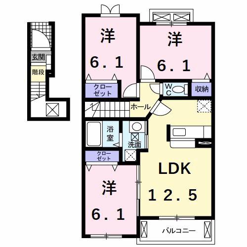 カーサ・フィオーレD(3LDK/2階)の間取り写真