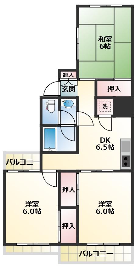 新町ベルメゾン(3DK/2階)の間取り写真