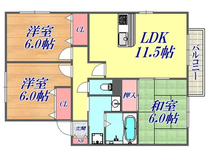 グリーンフォーレスト伊丹B棟(3LDK/2階)の間取り写真