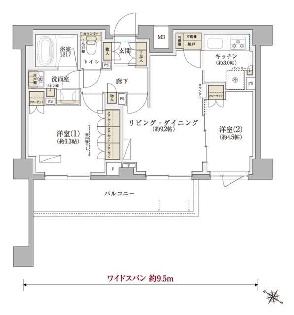 TENAS千歳船橋(2LDK/1階)の間取り写真