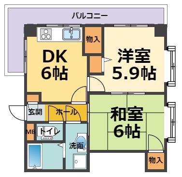 ゴーディ甲子園1番町(2DK/1階)の間取り写真