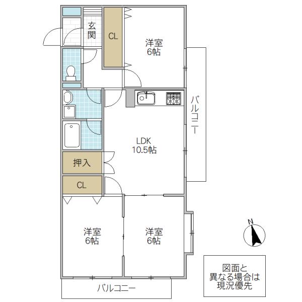 ヴェルドゥワイエ千波湖ポプラ館(3LDK/2階)の間取り写真
