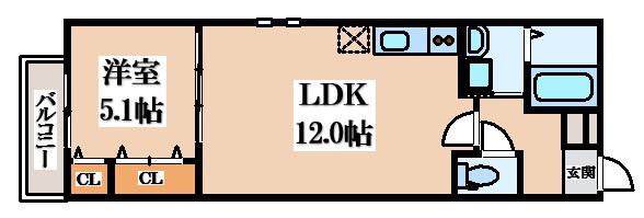 フジパレス忍ケ丘III番館(1LDK/2階)の間取り写真