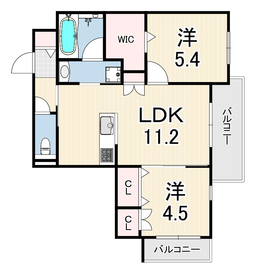 LA VITA西宮北口(2LDK/3階)の間取り写真