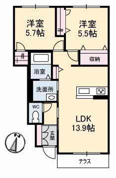 ベルブランシュ笹沖 A棟(2LDK/1階)の間取り写真