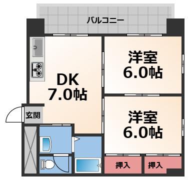 三京ビル(2DK/8階)の間取り写真