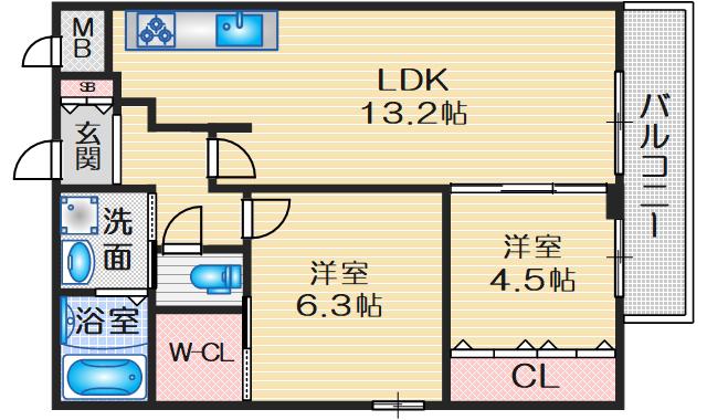 アヴェニール千里山松が丘(2LDK/5階)の間取り写真