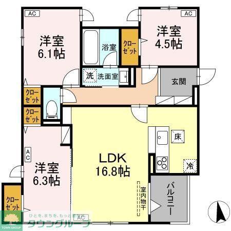 D-ROOM GRASS 中町(3LDK/3階)の間取り写真