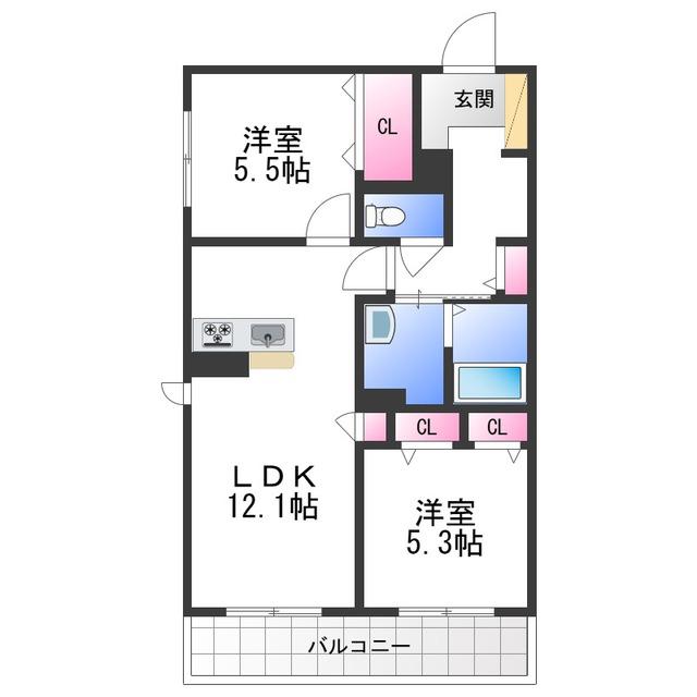 シャーメゾンシャルム磯上(2LDK/2階)の間取り写真