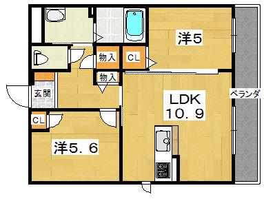 シャーメゾン河内磐船(2LDK/2階)の間取り写真