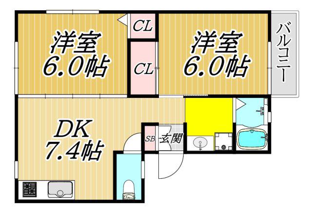 サンライズ立花ハイツ(2DK/2階)の間取り写真