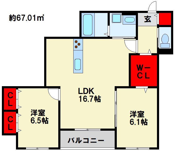 メゾンルポア大里(2LDK/1階)の間取り写真