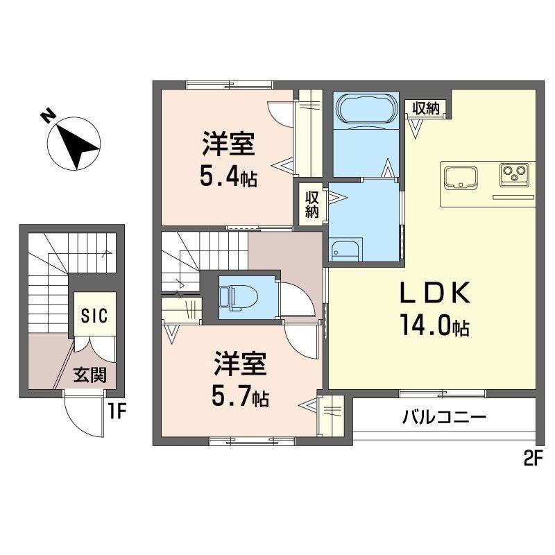 エスポワールちはら台南B棟(2LDK/2階)の間取り写真