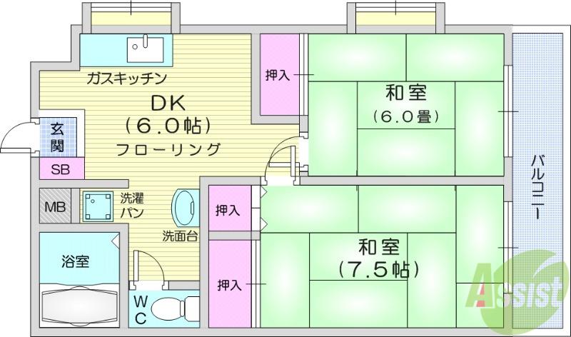 コーポ萩野(2DK/4階)の間取り写真