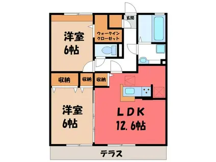 真岡鉄道 下館二高前駅 徒歩19分 2階建 築9年(2LDK/1階)の間取り写真