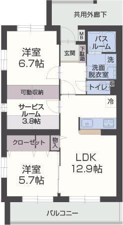 アヴィエント(2SLK/1階)の間取り写真