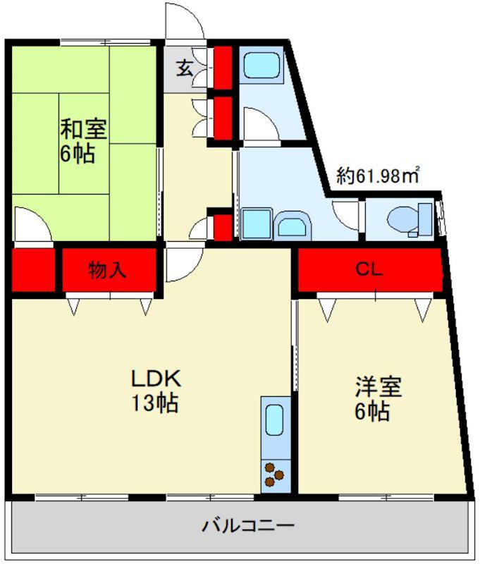 花宅ビル(2LDK/6階)の間取り写真