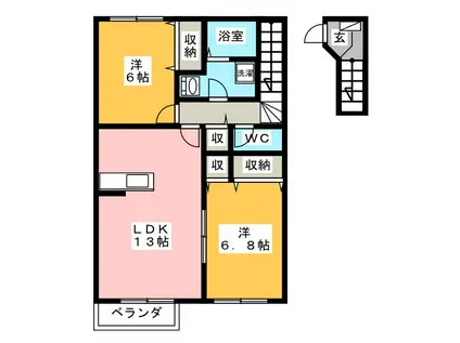 クレセント北郷B棟(2LDK/2階)の間取り写真