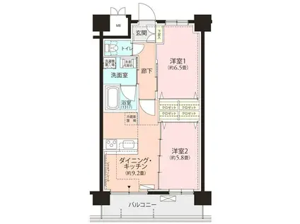 フロール横浜三ツ沢(2DK/2階)の間取り写真