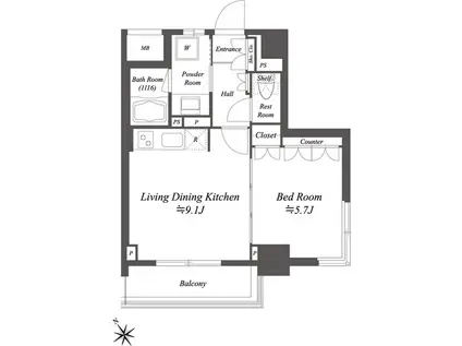 レジデンシャル目黒(1DK/9階)の間取り写真