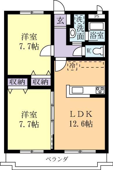 グランシャリオ竹園(2LDK/2階)の間取り写真