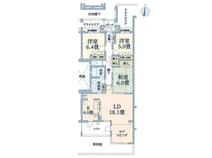 アルス香里園山手ネクサージュ(3LDK/1階)の間取り写真