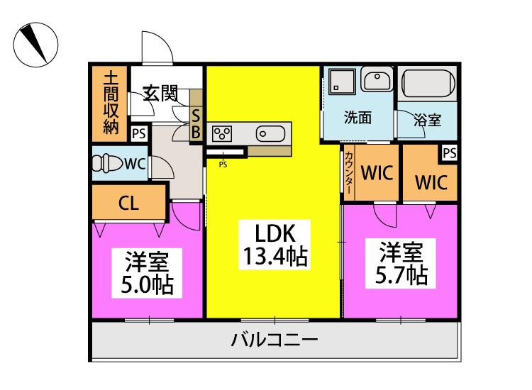 カーサ宮ノ前直方(2LDK/1階)の間取り写真