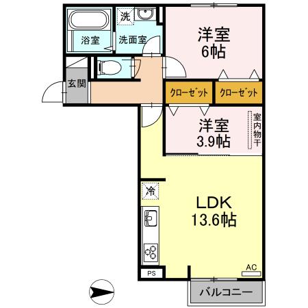 アリエッタ湯野(2LDK/2階)の間取り写真