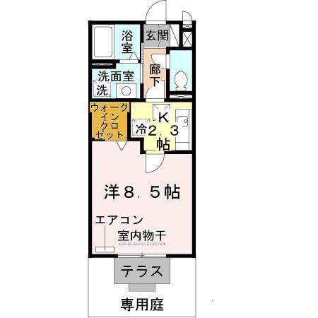 クレアコートB棟(1K/1階)の間取り写真