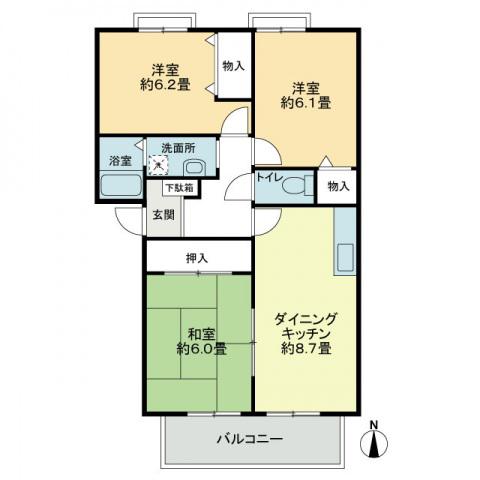 フォブール次郎丸東A棟(3DK/1階)の間取り写真