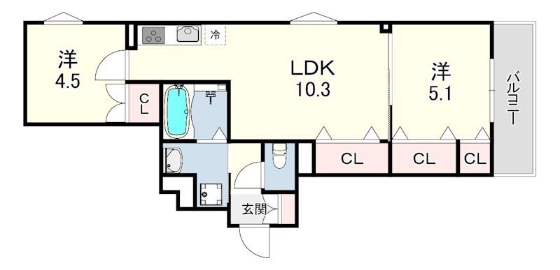 クリエオーレ元浜町(2LDK/2階)の間取り写真