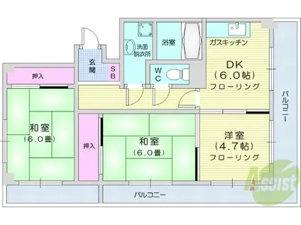 ツインヒルズA舘(3DK/4階)の間取り写真