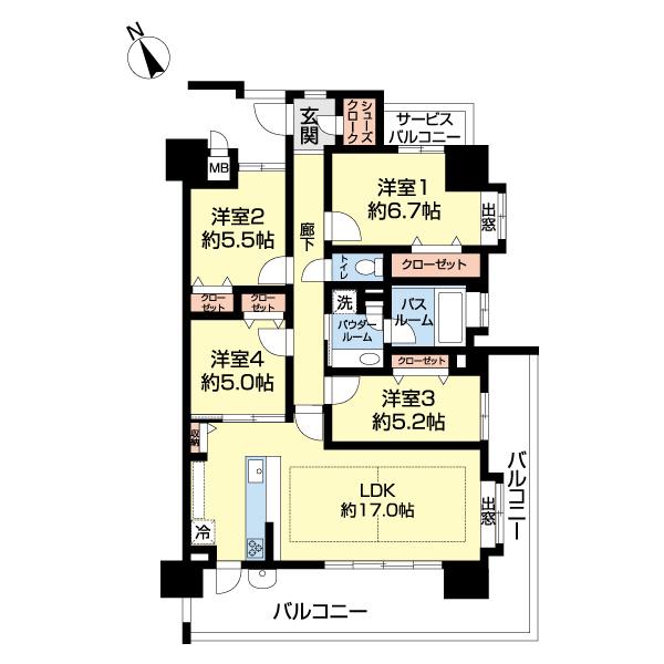 アクタス籠町グランミライ(4LDK/4階)の間取り写真