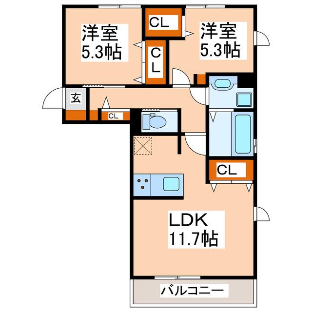 ヴィクトワール健軍(2LDK/2階)の間取り写真