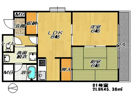 ルノール鴻池(2LDK/2階)の間取り写真