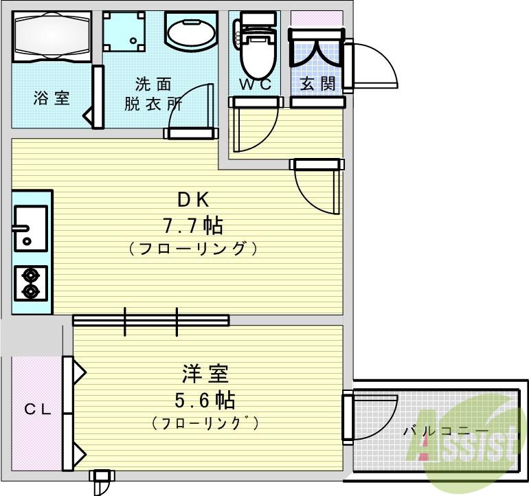 オーク岸辺(1DK/1階)の間取り写真
